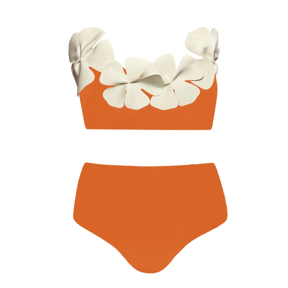 Fashion Solid Color Bikini Three-Dimensional Flower Tube Top Swimsuit Sexy High Waist Cut Swimwear Open Back Elegant250324