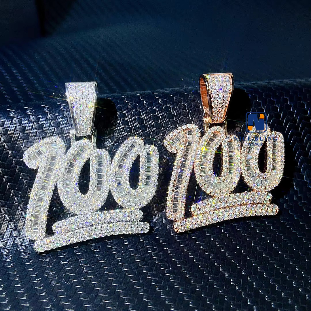 Hip Hop Jewelry Custom Charm Lucky Number 100 Pendant Baguette VVS Moissanite Pendant Iced Out Necklace