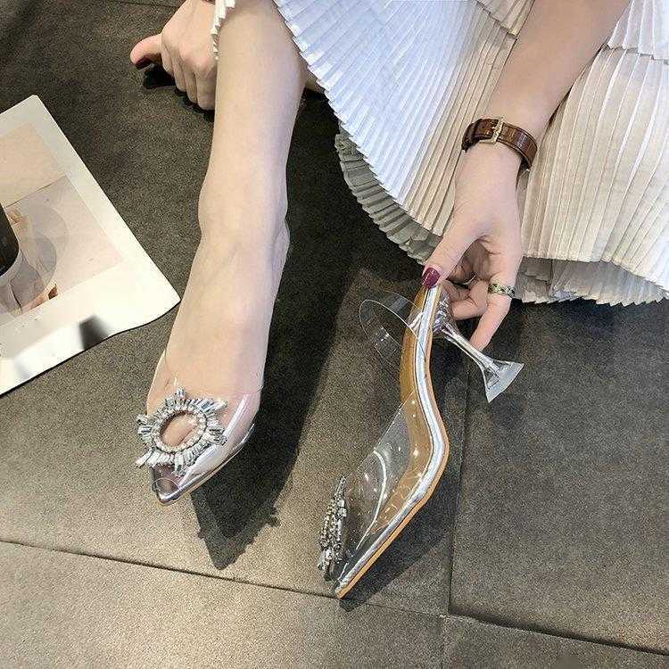 Summer New Korean Diamond Transparent Crystal Shoes High Heeled Sandals Thin Heeled Womens Shoes Large 41
