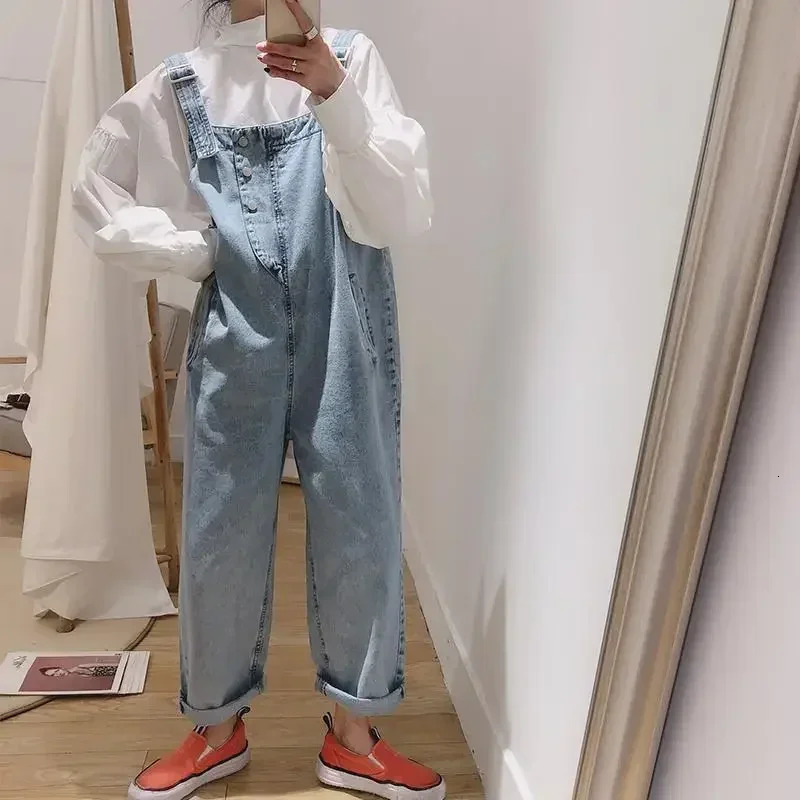 2025 Korean Street Clothing Denim jumpsuit Womens Loose Cute Casual Fashion Girls Maxi Blue Jeans Overalls S2XL 250324