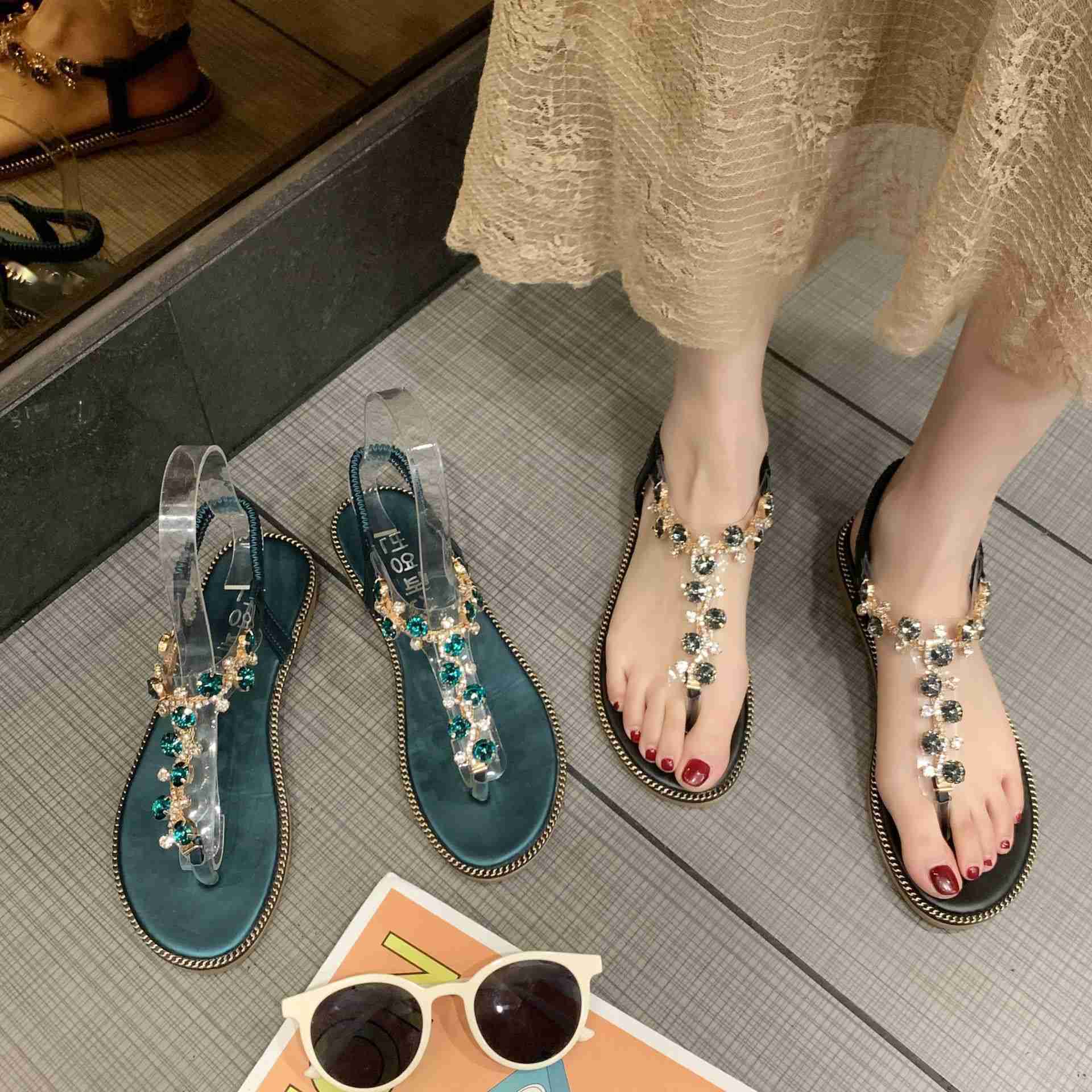 New Roman Womens Sandals Womens Flat Toe Diamond Sandals Bohemian Fashion Beach Sandals