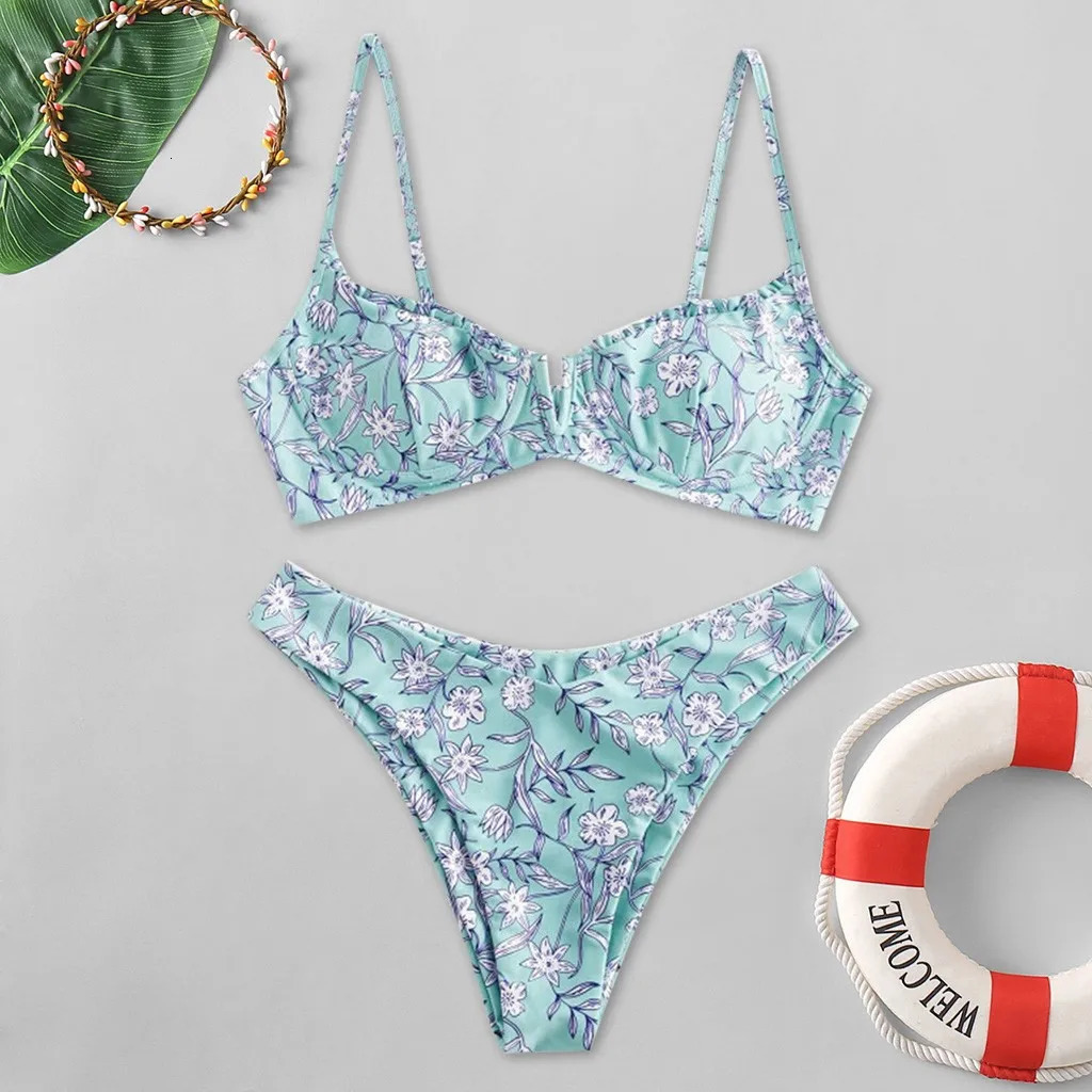 Beach Swimsuit Floral Printed Bikinis Set Push Up Bra Split Tankinis Summer 2pcs Sexy Female Boho Beachwear 250321
