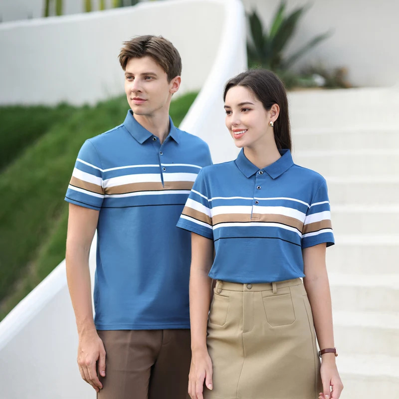Summer mens polo shirt pure cotton short sleeved Tshirt thin striped business casual breathable wrinkle resistant top 250311