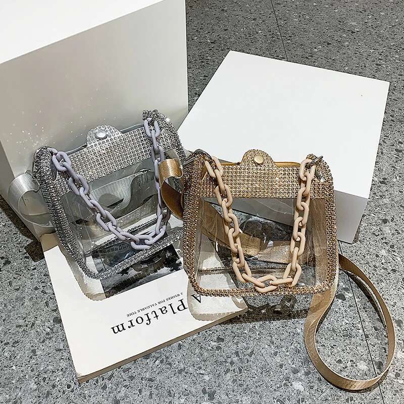 PVC Transparent Diagonal Shoulder Bag Rhie Thick Chain Women's Designer Handbag Fashionable Jelly Summer Beach Handbag