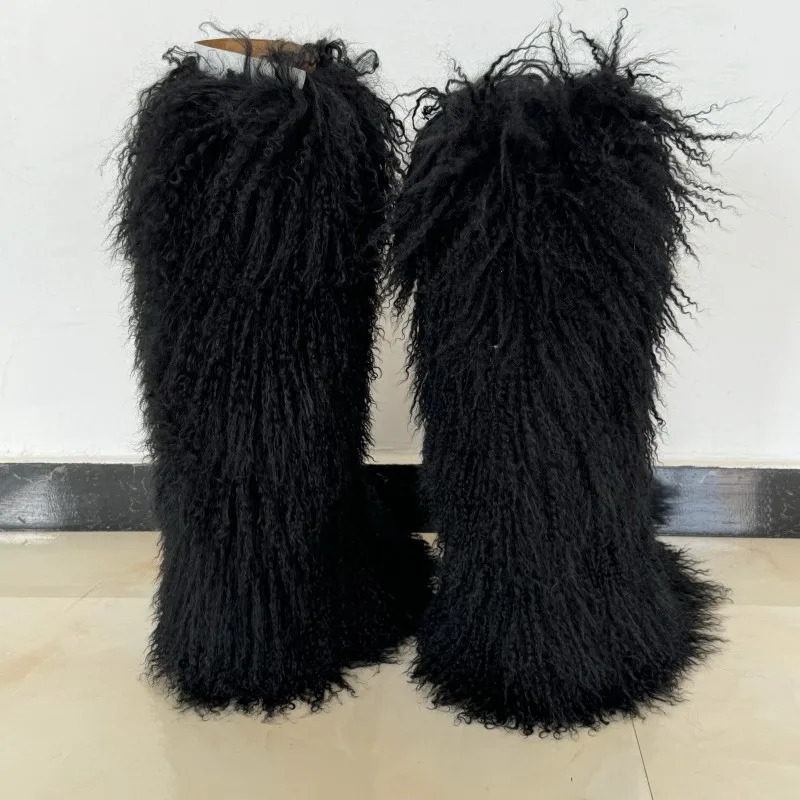 Womens Long Mongolian Fur Boots Winter Warm Thick Sole High Fluffy Overtheknee Fashion Outdoor Snow Boot 250317