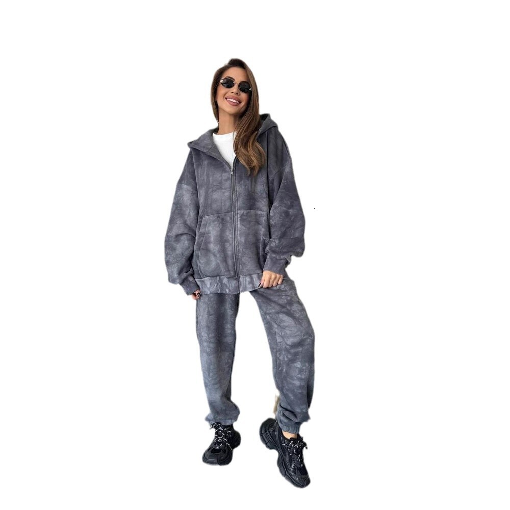 Early autumn lazy style suit tie dye long sleeved zipper hooded sweatshirt, high waist straight leg casual sweatpants, women's high-end feel