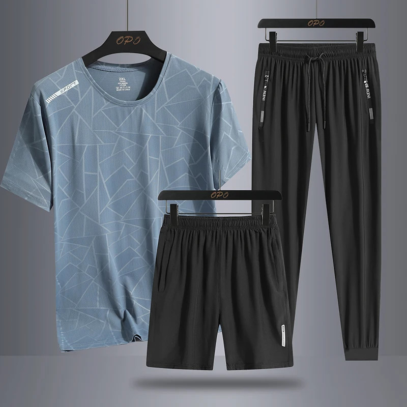 Summer camouflage ice silk trend personalized sports three piece set round neck Tshirt shorts loose and casual pants 250318