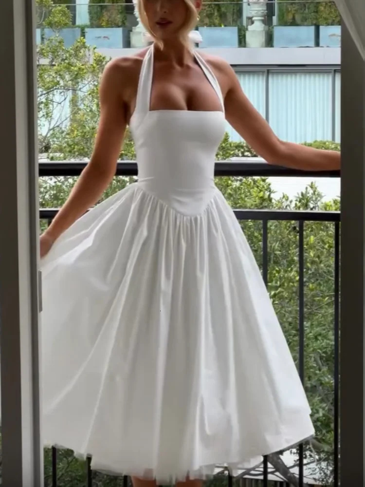 Elegant Solid High Waist Pleated A-line Dress Women Sexy Backless Sleeveless Slim Halter Dresses 2025 Street Party Vestidos 250325