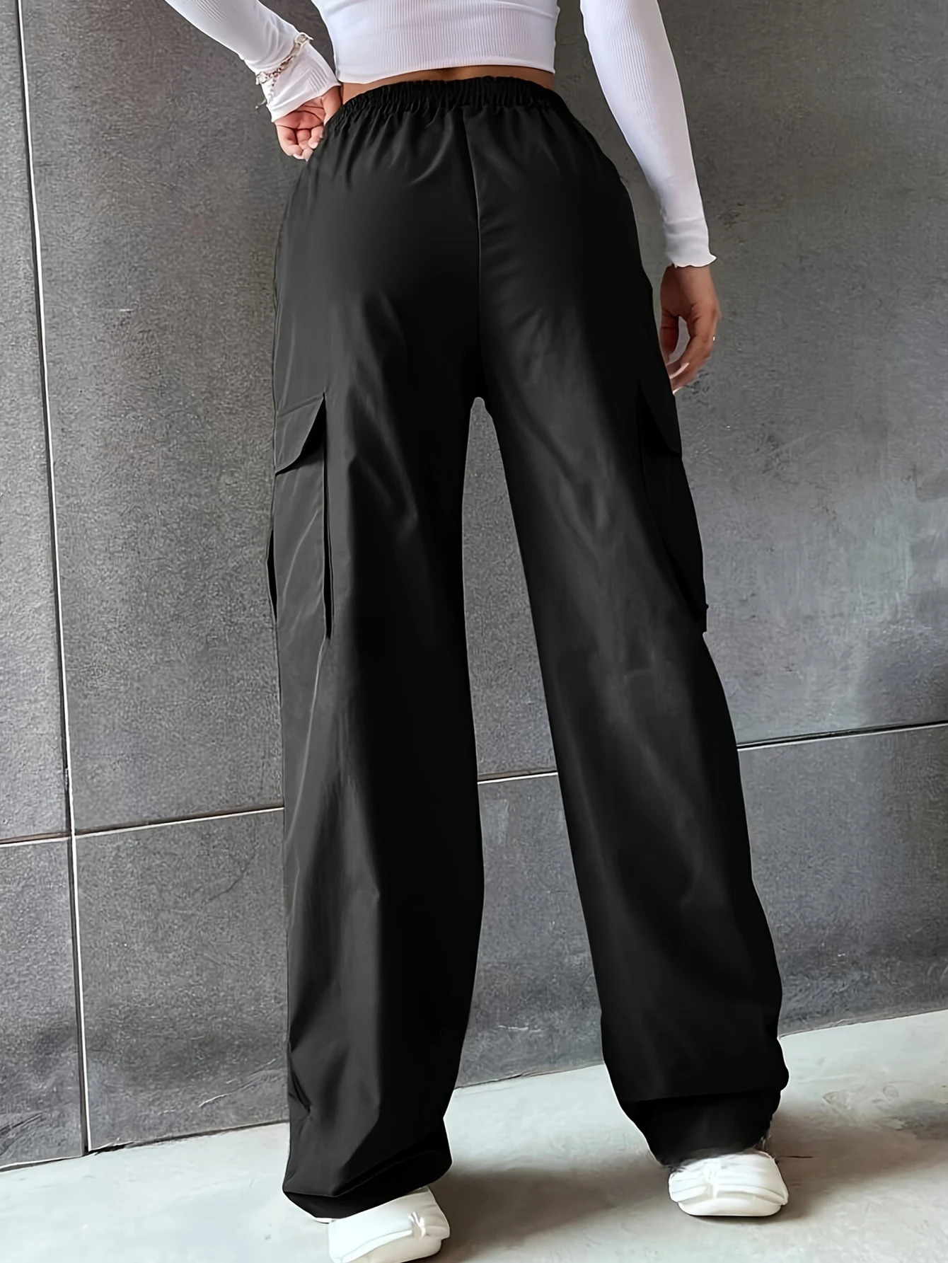 Trendy 2025 Womens Casual Summer Solid Black Wide Leg Pocket Pants Y2K Street Long Sports 250324Z