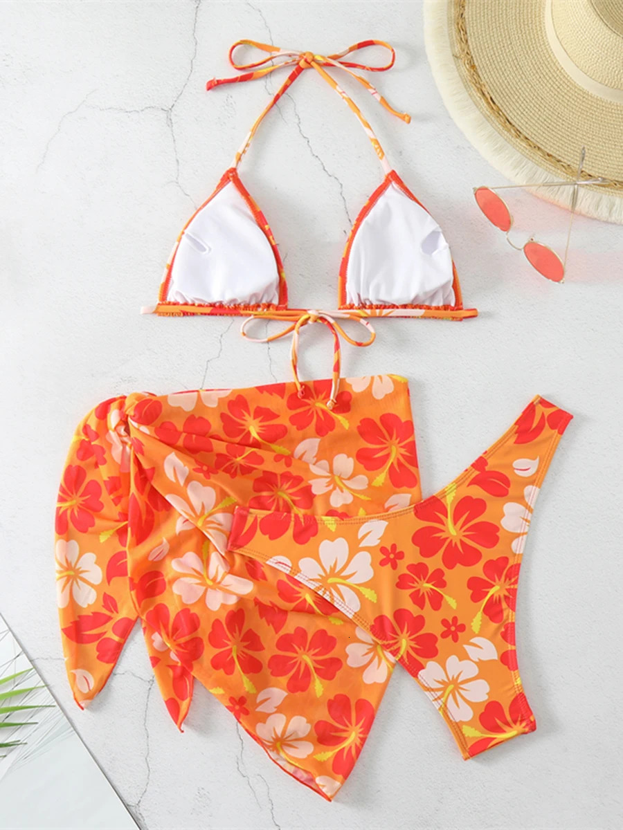 2024 Printed Slips 3Piece Bikini Skiing Swimsuit Womens Bathtub 250321