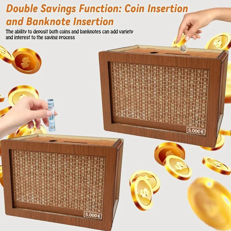 Euro Saving Money Box Piggy Bank Cash Wooden Savings Challenge Box with Money Target Numbers Tirelire Alcancia Spaarpot 250325