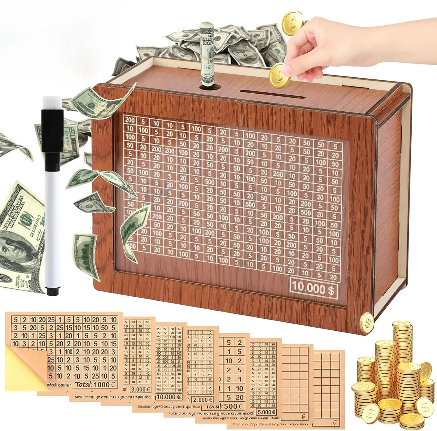 Euro Saving Money Box Piggy Bank Cash Wooden Savings Challenge Box with Money Target Numbers Tirelire Alcancia Spaarpot 250325