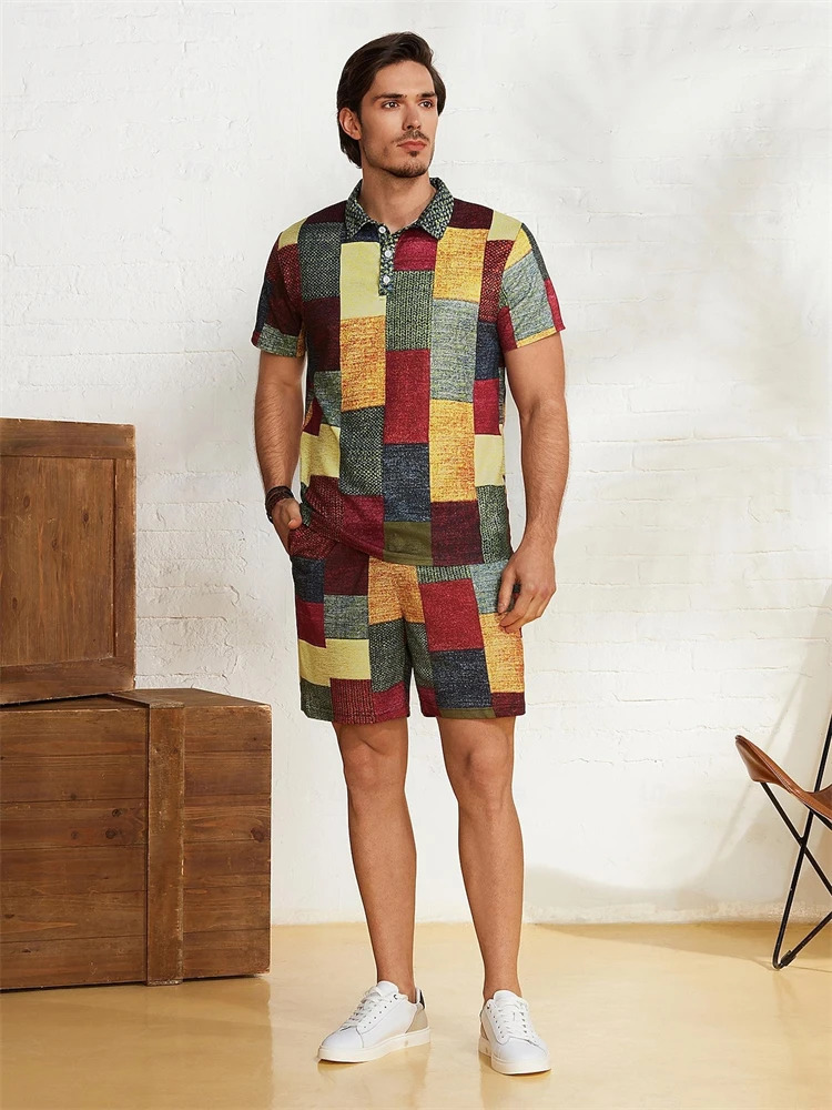 Vintage Mens Polo Shirt Patchwork 3d Print Short Sleeve Lapel Button TShirt Golf Collar Oversized Shirts For Men Clothing 250311