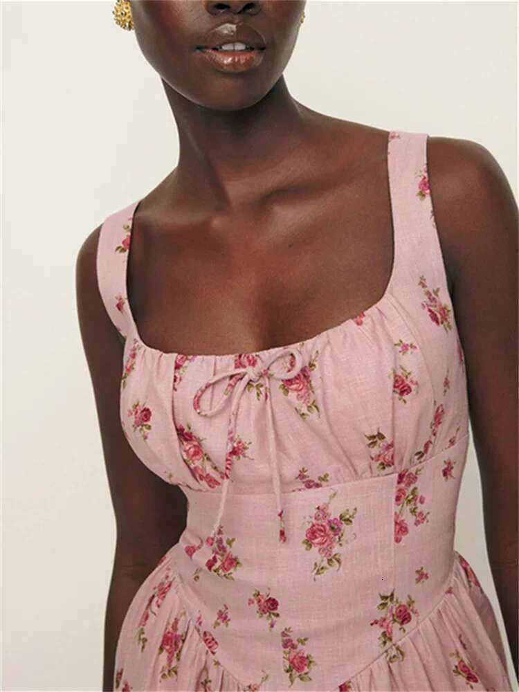 Women Pink ral Print en Mid Length Dress Summer New Sleeveless Slim Ladies Elegant Vacation Square Collar Lace Up Robe