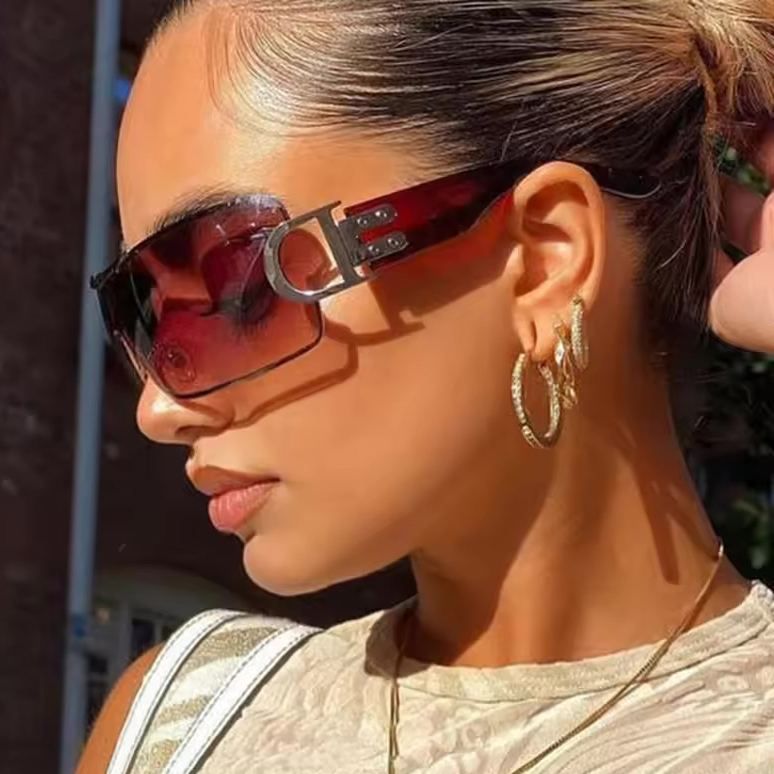 Luxury Sunglasses Y2K Vintage Gradient Women Style Sun Glasses Steampunk Rimless Pilot Goggles Uv400 Glasses for Spicy Girls Cycling One-Piece Punk Br