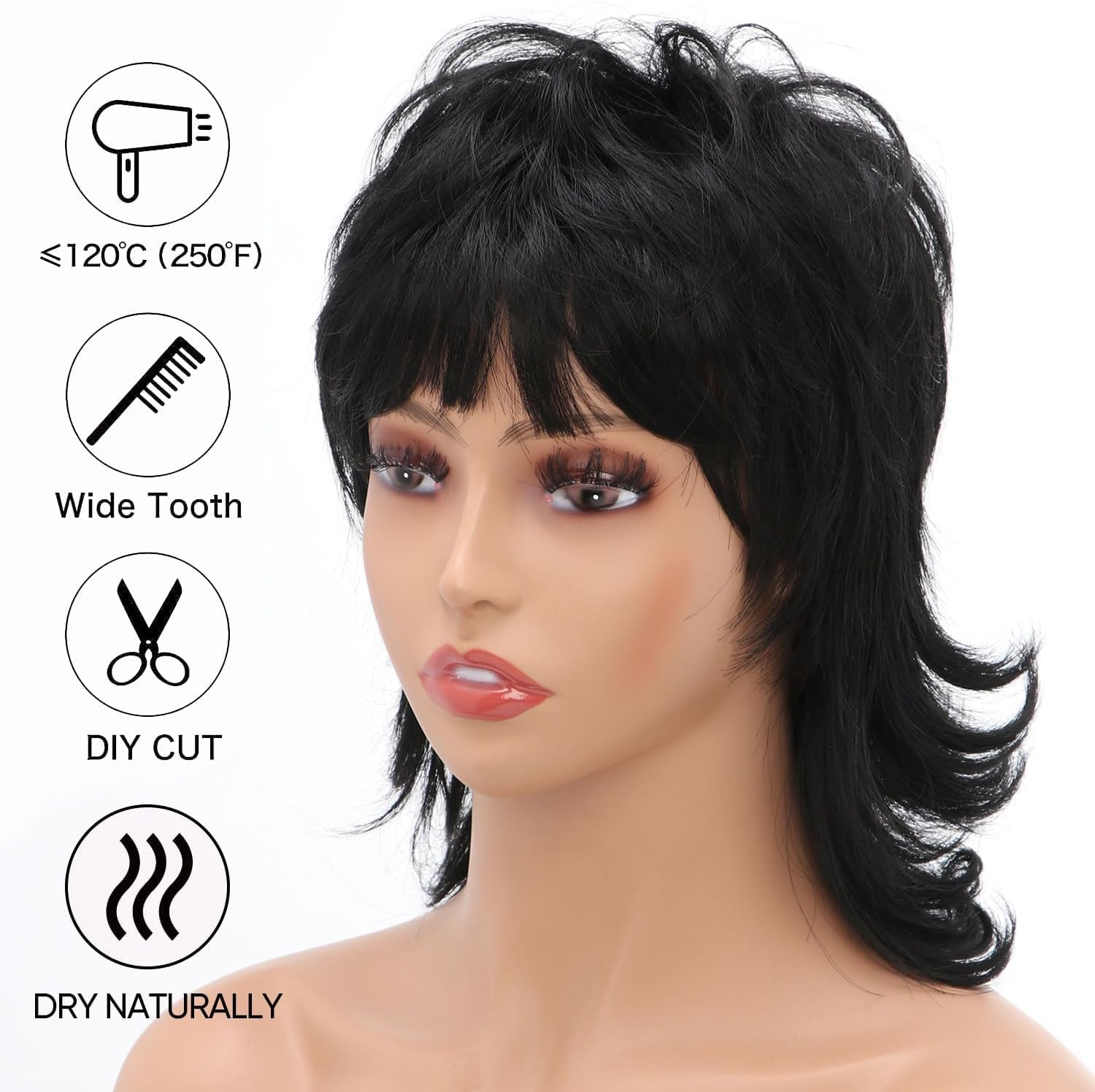 80s 90s Black Mullet Wigs Pixie Cut Wigs with Bangs for Women, Black Wolf short Synthetic Split Fringe for Women at Party and Cosplay