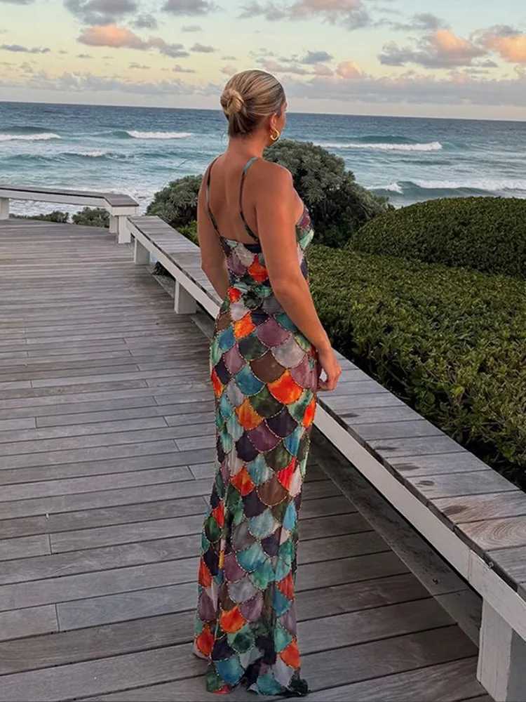 Chic Fish Scale Print Halter Backless Maxi Dress Womens Sexy Flawless Tight Comparison Tank Top Summer Vacation Beach Dress X250324