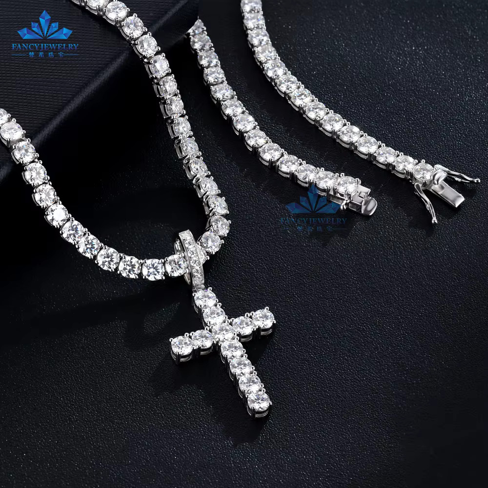 Hip Hop Jewelry 925 Silver White Iced Out VVS Moissanite Diamond Geometry Necklace Men 5mm Moissanite Cross Pendant