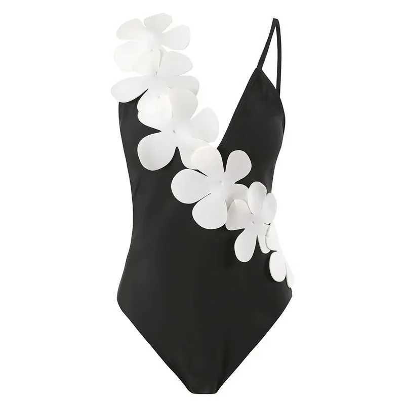 White floral swimsuit womens 2025 high waist tight bikini black 3-piece Monokini Brazilian conservative swimsuit QJYXJ250324