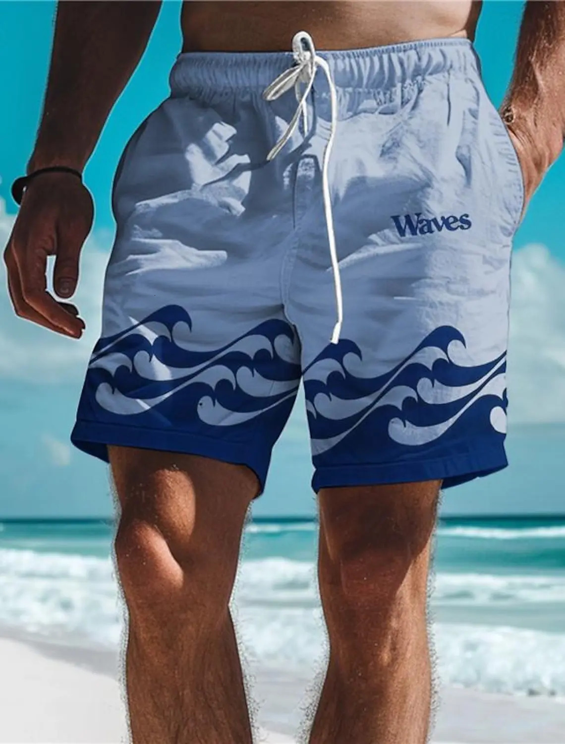 Waves Mens 3D Printed Board Shorts Swimming Rod Elastic Waist Pull Summer Hawaiian Beach Style Letter n 250321