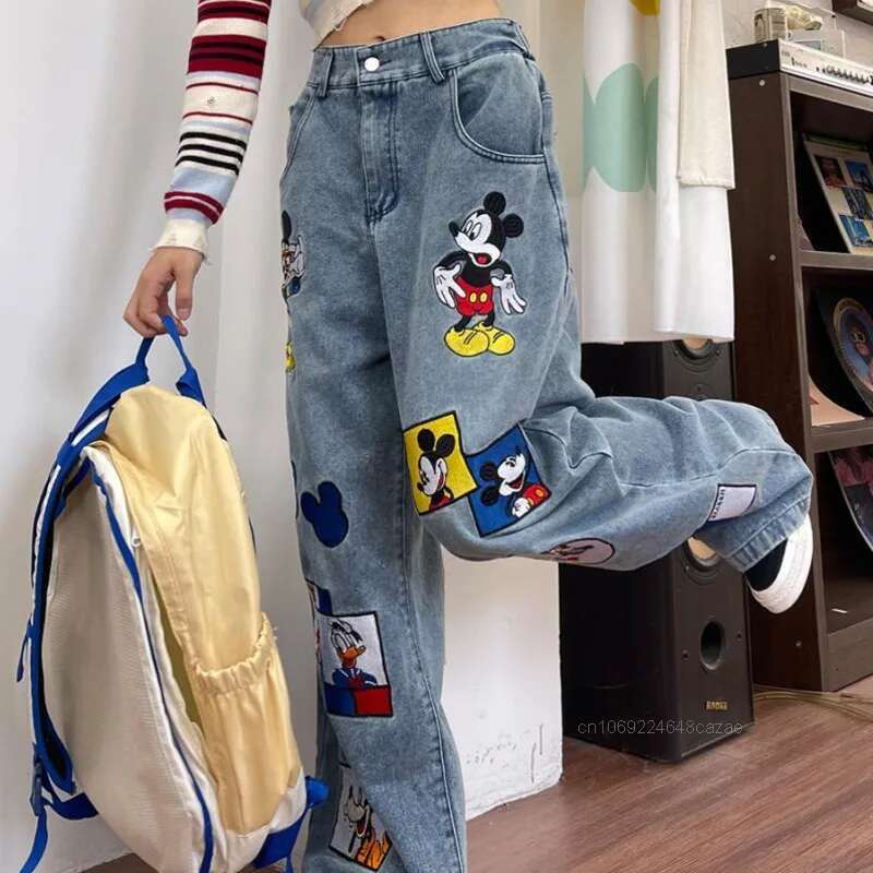 Fun Cartoon Embroidered Jeans Women Spring New Loose Fit Bmerican Style Denim Trend Casual Wide Leg Pants