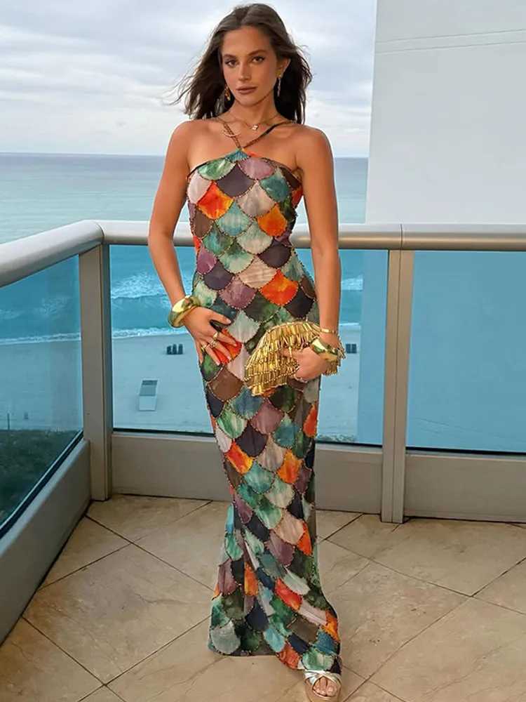 Chic Fish Scale Print Halter Backless Maxi Dress Womens Sexy Flawless Tight Comparison Tank Top Summer Vacation Beach Dress X250324