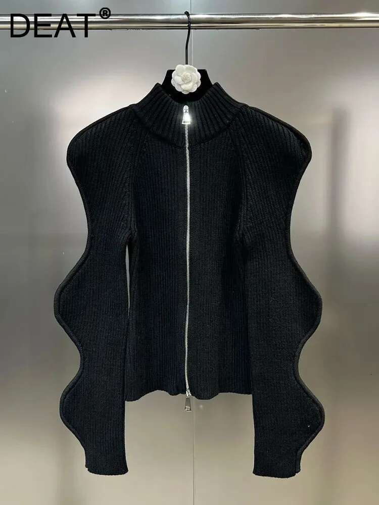 Fashion Women's Irregular Wave Edge Knitted Cardigan Autumn Stand Collar Long Sleeve Zipper Sweater Female