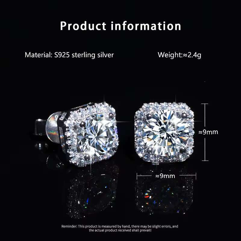 With GRA Certificate Luxury Square S925 Sterling Silver 1CT Vvs D Color Moissanite Earrings for Men and Women
