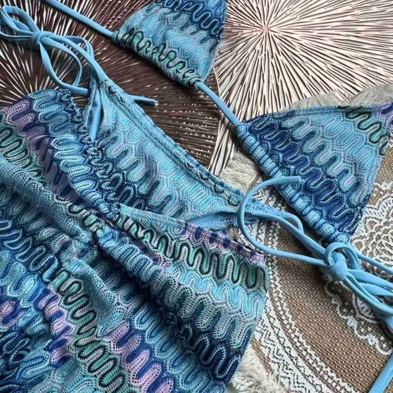 Knitted bikini set with three sexy striped swimsuits for middle-aged and elderly polyester fiber beach printed knitted bikiniXJ250324
