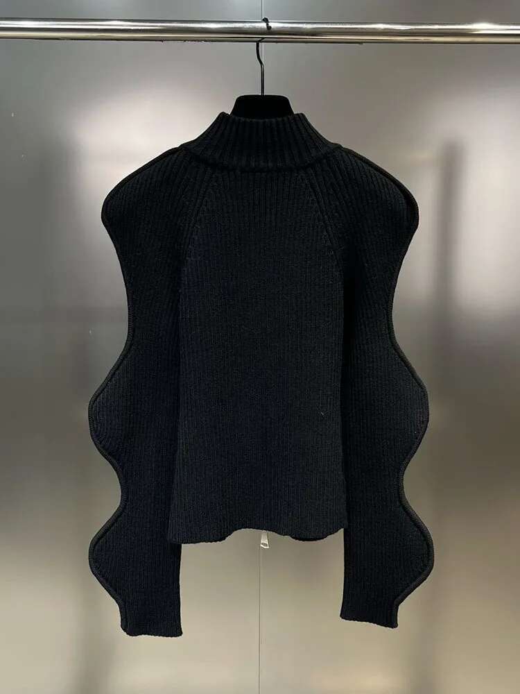 Fashion Women's Irregular Wave Edge Knitted Cardigan Autumn Stand Collar Long Sleeve Zipper Sweater Female