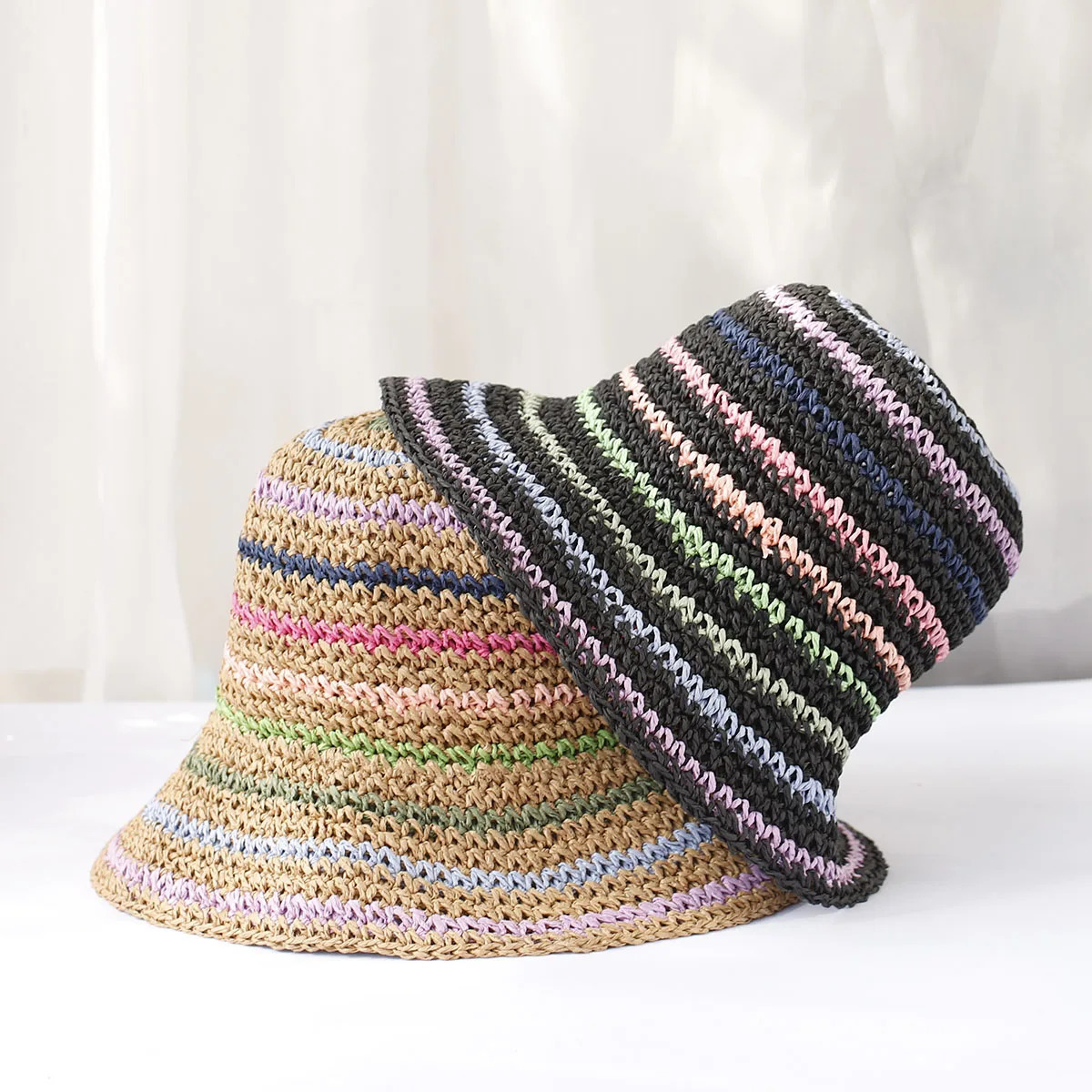 Womens straw hat crochet hat striped rainbow UV protection sunshade beach hat womens sun hat womens sun hat 250320