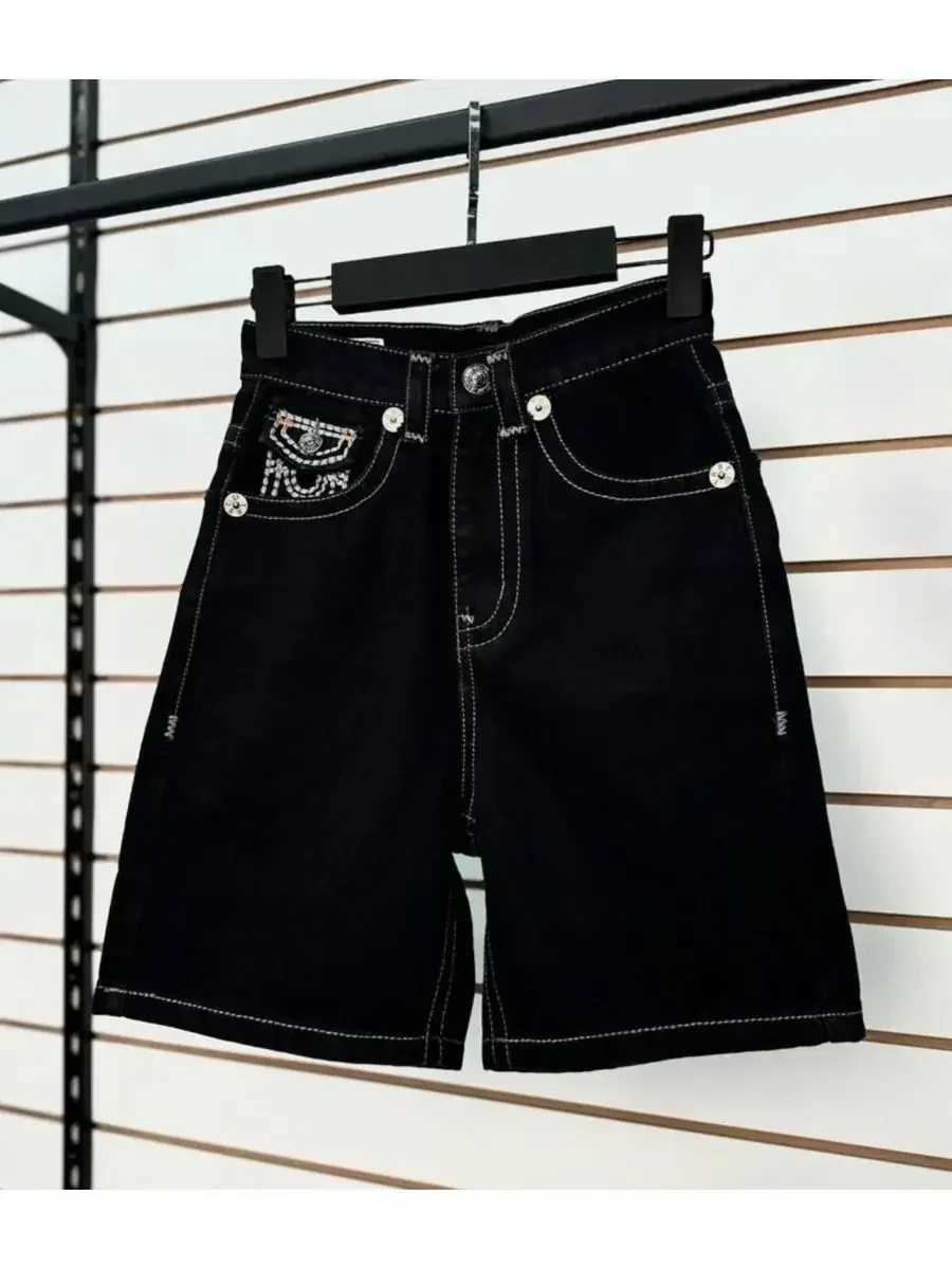 Summer retro black pocket embryo simple medium long trousers mens Harajuku streetwear y2k trendy wash loose denim shortsXJ250325