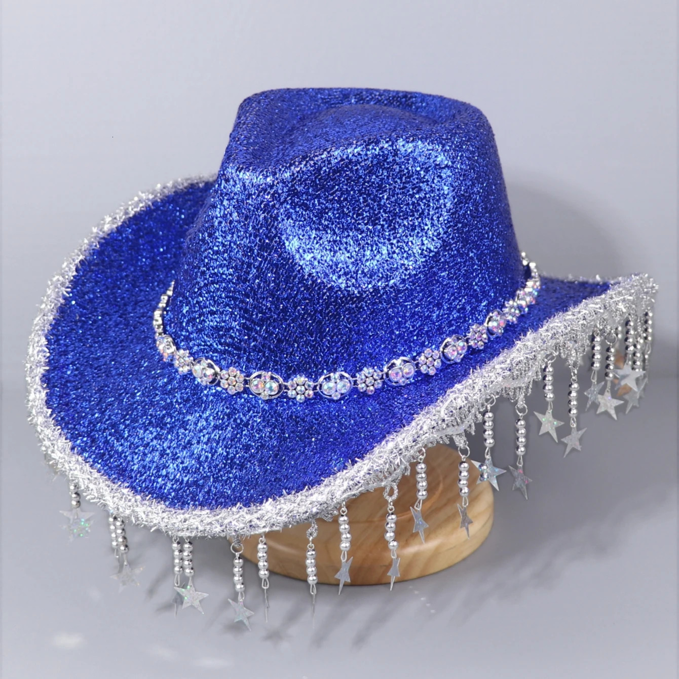 A western cowboy hat for men and women bright silk material with colorful Rhinestone decoration star beaded pendant 250322