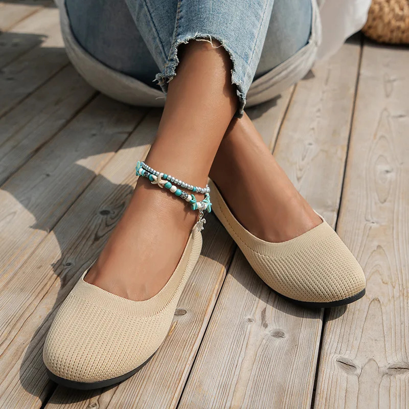 Round Toe Flats for Women Comfortable Knit Ballet Flat Shoes Casual Slip on Shallow Shoes Office Boat Shoes Plus Size Moccasins 250317