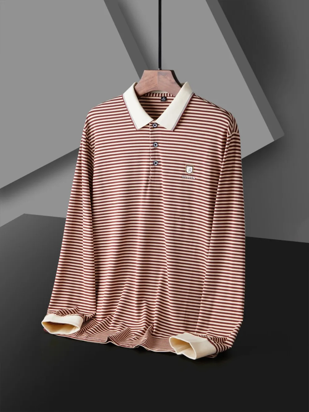 Spring and Autumn Mens Long Sleeve Casual Tshirt Daily Collar Polo Striped Clothing 250311