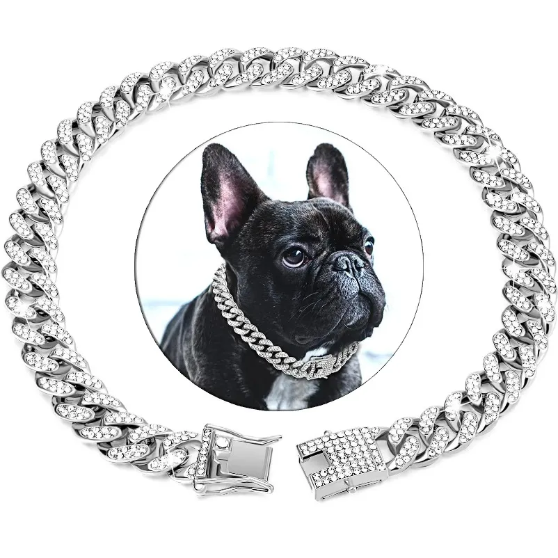 Elegant Dog Diamond-Studded Cuban Link Chain Collar Durable Metal with Secure Buckle for Cats & Dogs