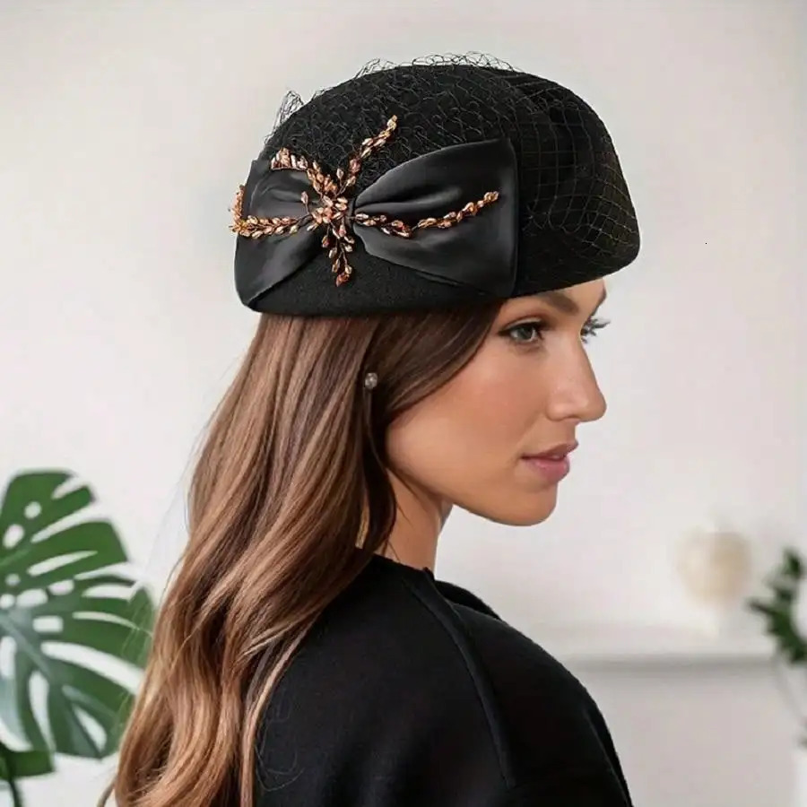 Womens temperament mesh top hat wool felt hat British retro hat fashionable bow beret hat 250322