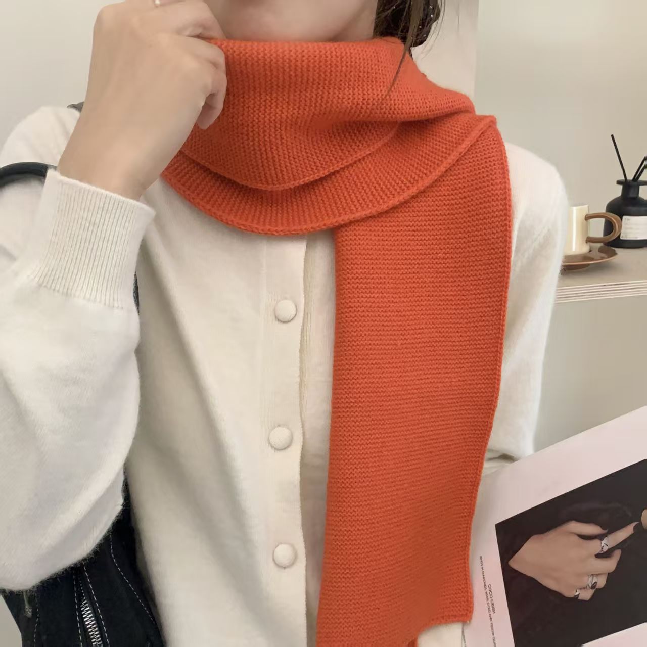 T349 knitted Korean style versatile scarf female winter Korean style atmosphere pure color simple soft warm neck protection couple scarf
