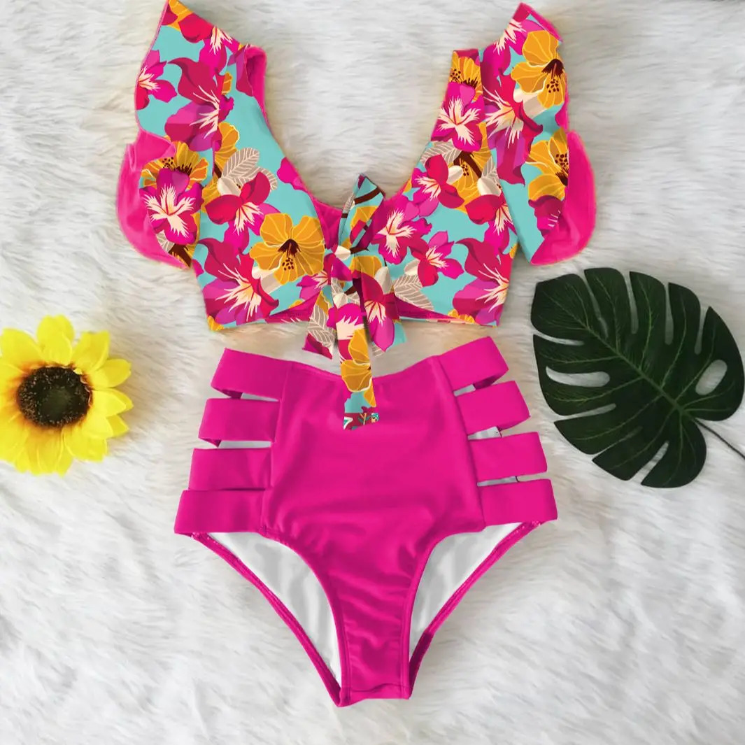2024 printed swimsuit womens high waisted bikini ruffled push set summer 250321