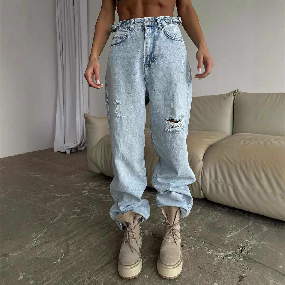 Jeans for women, straight tube, loose and luxurious, summer high waist, slimming, beggar, ripped hole, wide leg pants, trendy