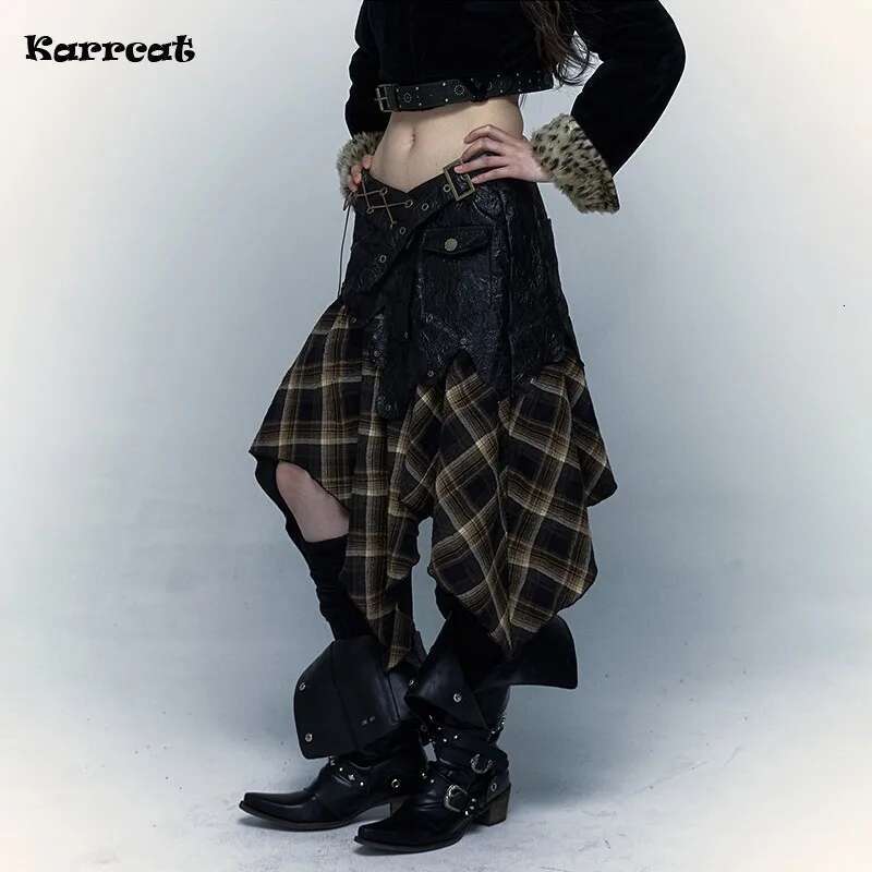 Karrcat Grunge Aesthetics Irregular Japanese Y2k Vintage Plaid Wasteland Punk Patchwork Chic Skirt Gothic Haruku