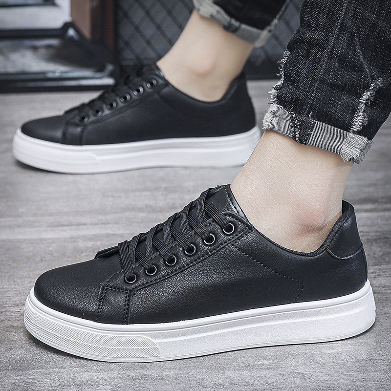Women's Black Korean Trendy Lace Up Full Matching PU Casual Comfortable Walking Board Shoes Women Sneakers 2023 97a6
