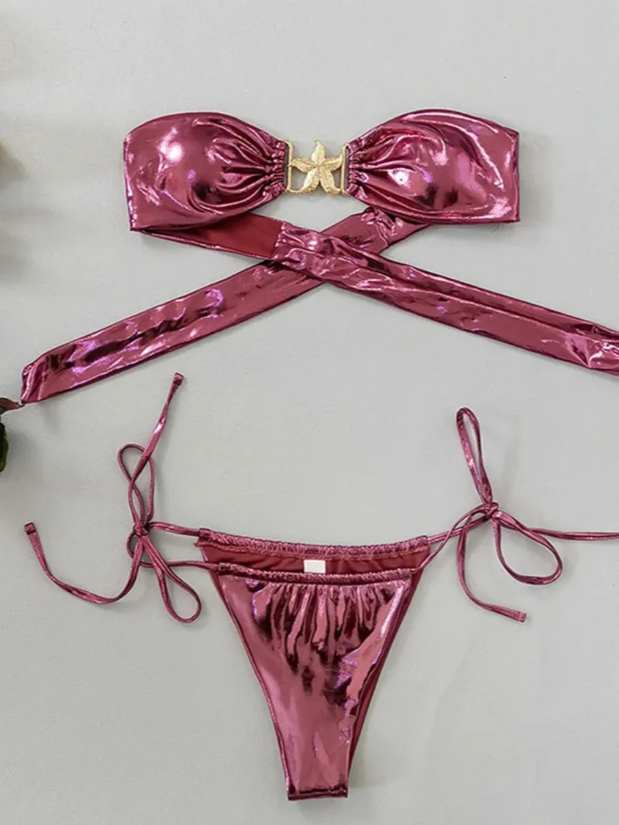 2025 Shiny 2-piece Swimsuit for Womensolid Color Glossy Strapless Thong Bikinisexy Starfish Accessories Beach Swimwear 250325