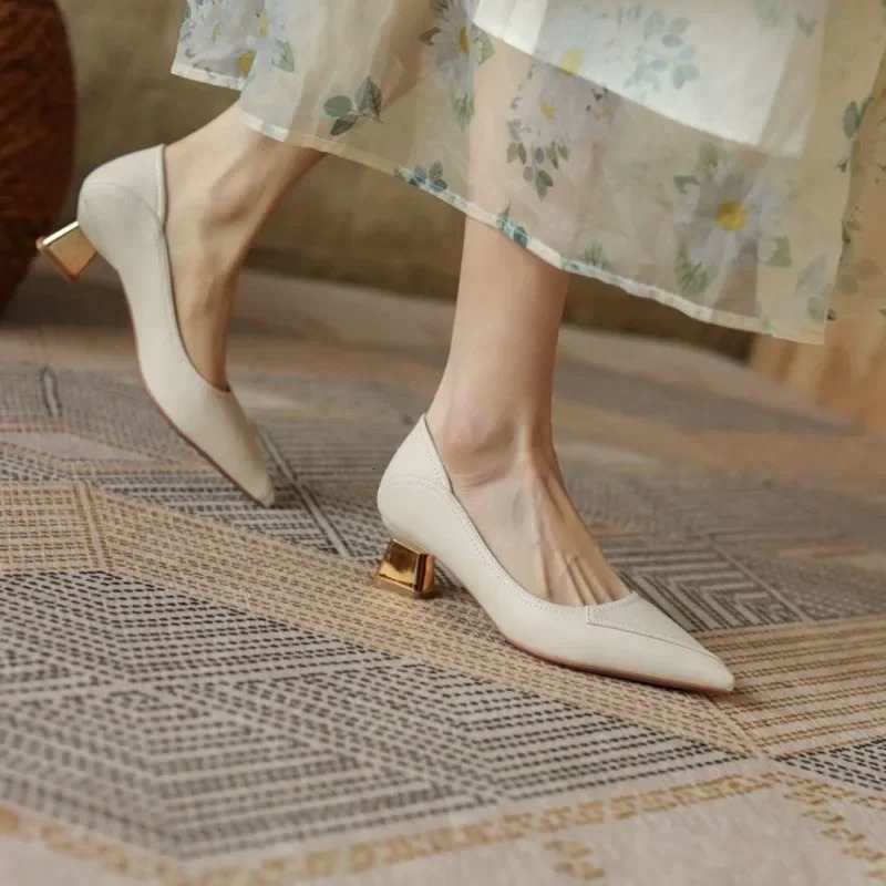 Wearing medium high heels formal sexy toe womens shoes square high heels beige shoes womens Square L Spring Korean Lastest E 250318