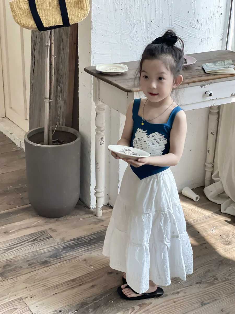 Skirt Princess Girls Lace Embroidered Long French Retro High Waist Childrens Clothing 2024 Fashion Elastic Waist LooseT250325