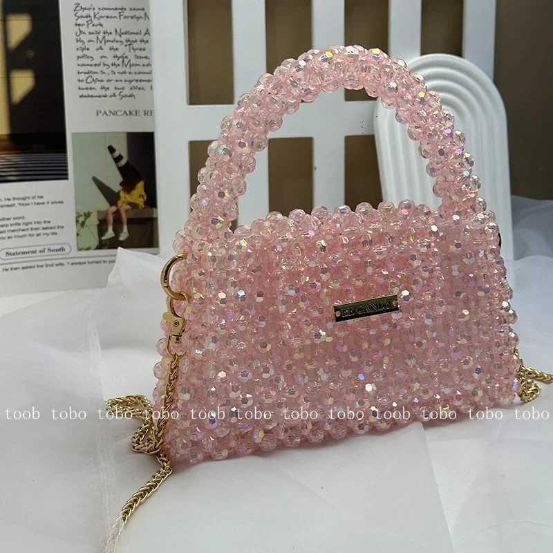 Summer Sparkling Pink Clutch Bag Acrylic Beaded Womens Handbag Fashion Cross Body Meal Bag Z250324