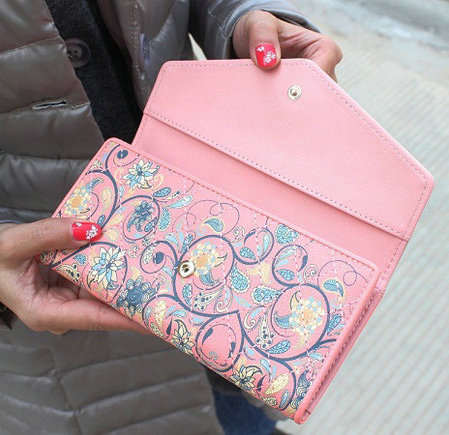 Floral Print Long Wallet For Women, Credit Card Holder, Coin Cash Phone Tri-fold Purse Envelope Handbag