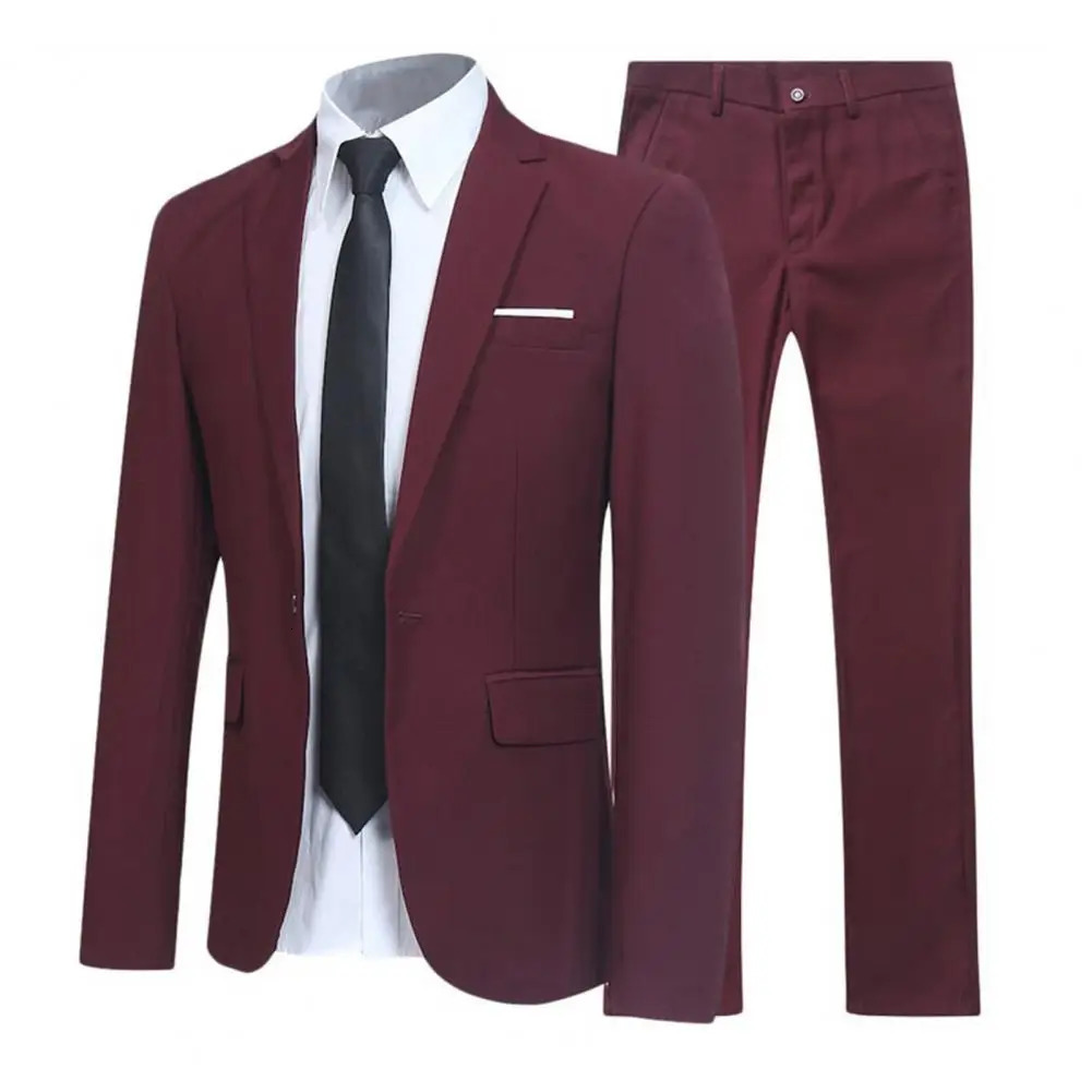 Men Suit Set Turndown Collar Lapel Pockets Buttons Groom Suit Set Solid Color Blazer Suit Pants Two Pieces Set Stylish Men Sets 250324