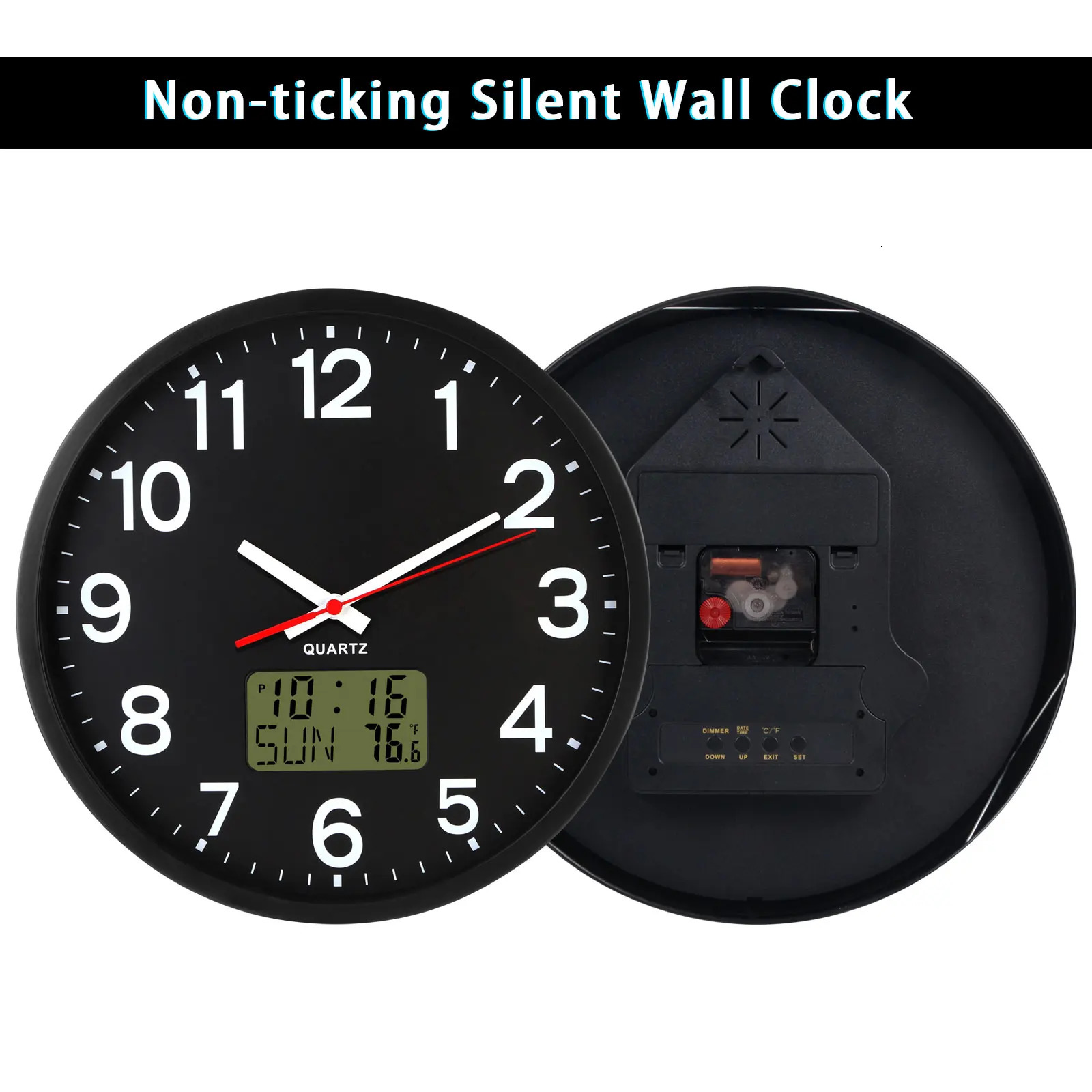 Wall Clock Battery Operated12 Silent Wall ClockAnalog and DigitalLED/LCD Digits Display Time/Date/Temperature Display 250325