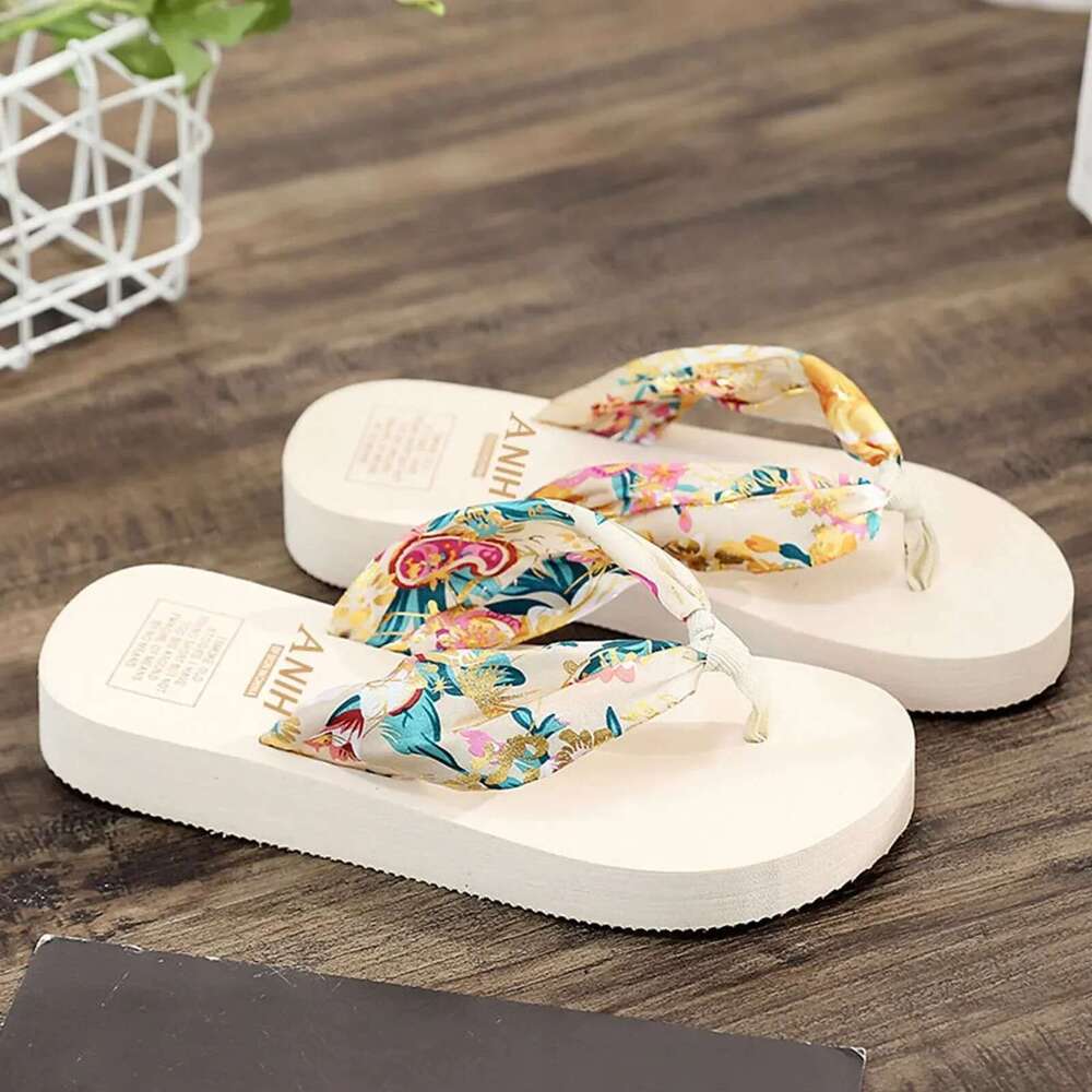 Summer ral Printing Slippers Women Bohemian Satin Strap Platform Wedge Flip ps Outdoor Thick Bottom Beach Shoes